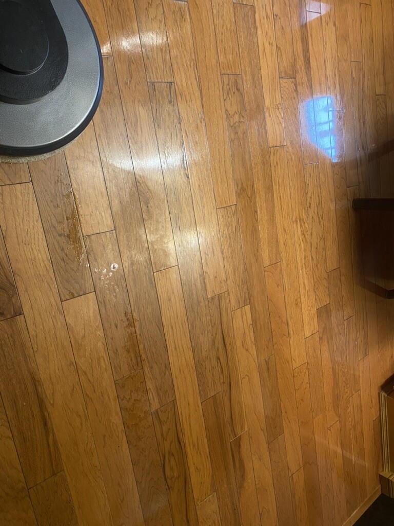 Floor machine on hardwood with wet strip solution beside polished boards